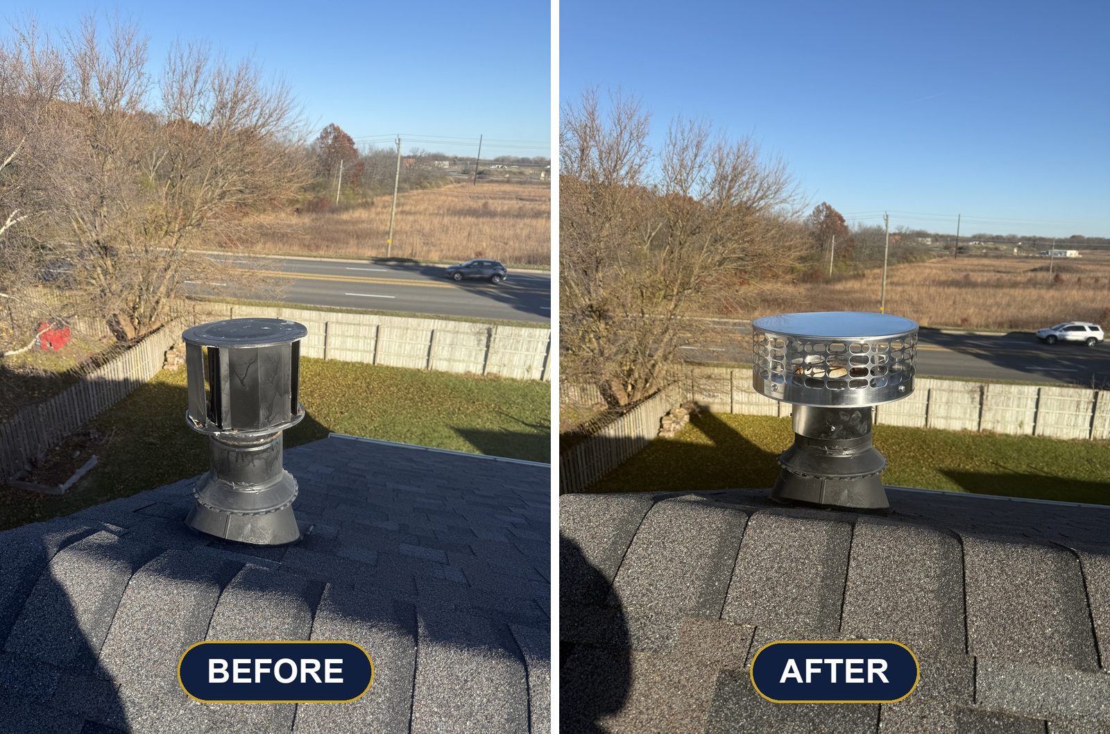 An old cap replaced with a new stainless cap sized to the flue. Chimney Cap Installation by Chimney & Home Improvement, Twin Cities MN.