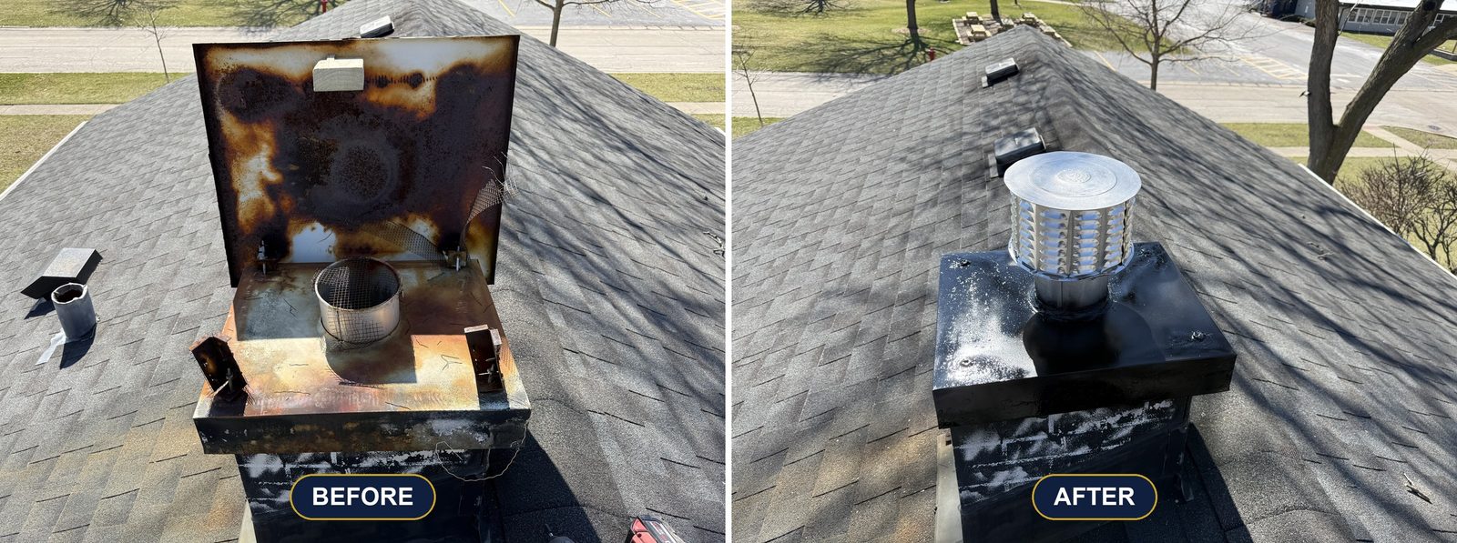 A chase cover rusted straight through, replaced with a sealed stainless cover. Chase Cover Replacement by Chimney & Home Improvement, Twin Cities MN.