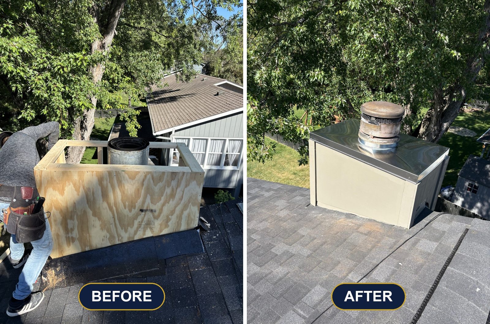 A rotted chimney chase rebuilt and covered in a day. Chimney work by Chimney & Home Improvement, serving Eden Prairie, MN.