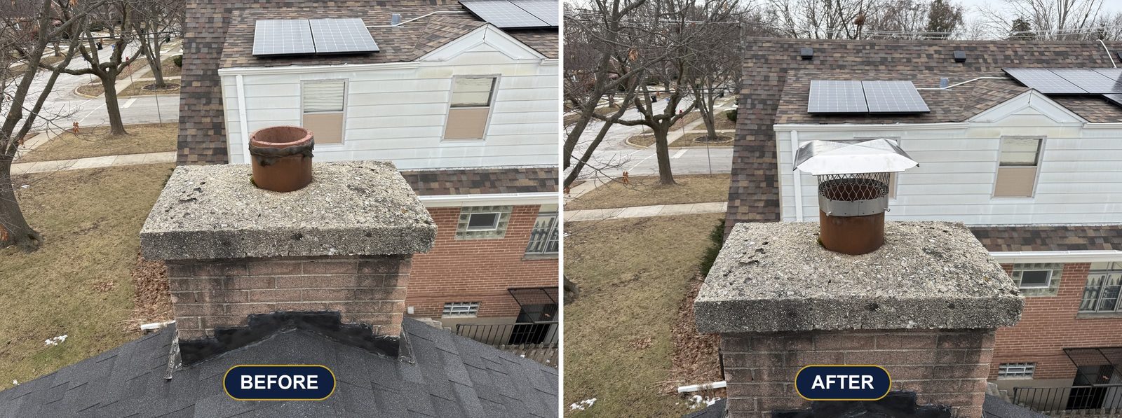 Flue cap and crown before and after repair. Chimney work by Chimney & Home Improvement, serving Apple Valley, MN.