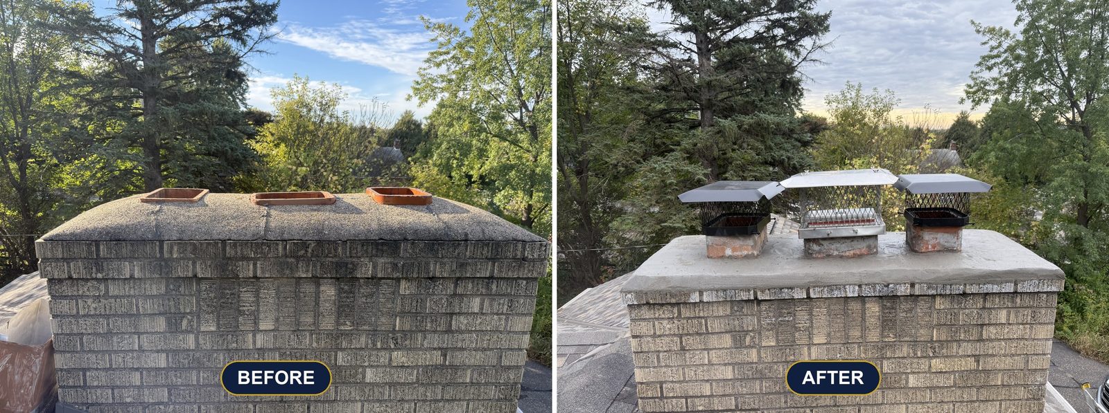 Multi flue caps and a resurfaced crown on a brick chimney. Chimney work by Chimney & Home Improvement, serving Shakopee, MN.