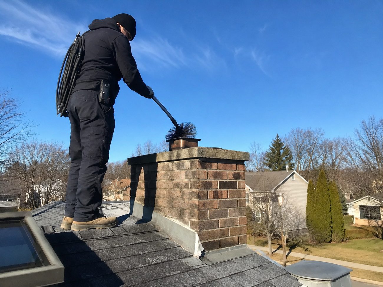Chimney technician cleaning a chimney on a roof